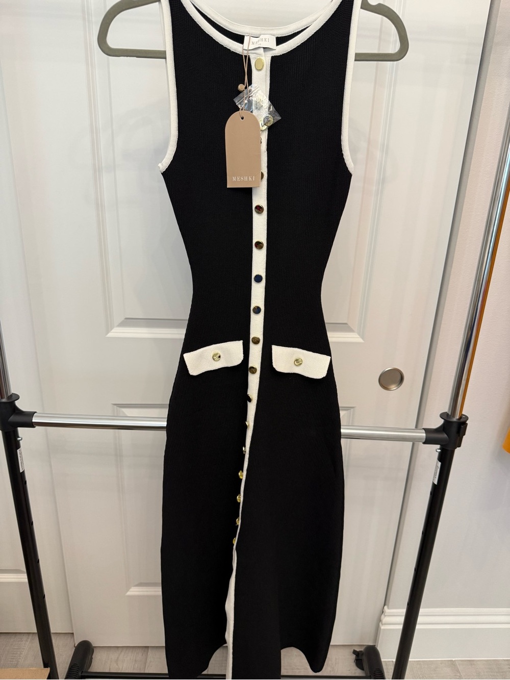 Meshki Black & White Sleeveless Button-Front Knit Dress